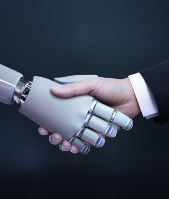 Business hand robot handshake, artificial intelligence digital t
