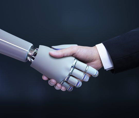 Business hand robot handshake, artificial intelligence digital t
