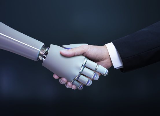 Business hand robot handshake, artificial intelligence digital t