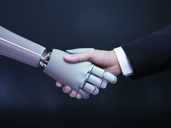Business hand robot handshake, artificial intelligence digital t