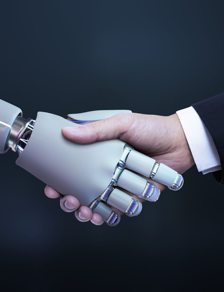 Business hand robot handshake, artificial intelligence digital t